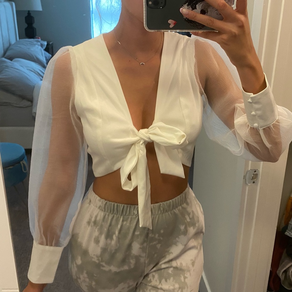 Sheer sleeve tie front crop